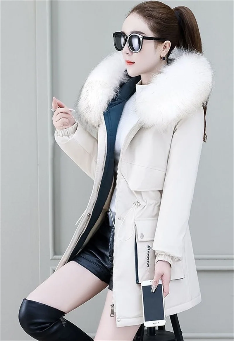 2026 New Winter Coat Women Parka Fashion Long Coats Hoodie Parkas Fur Neckline Warm Chiffon Apron Student Jacket Outerwear
