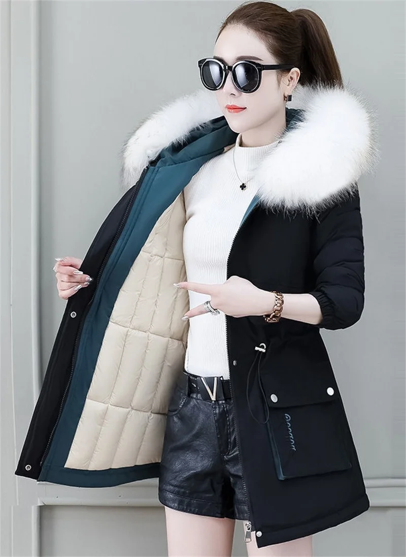 2026 New Winter Coat Women Parka Fashion Long Coats Hoodie Parkas Fur Neckline Warm Chiffon Apron Student Jacket Outerwear