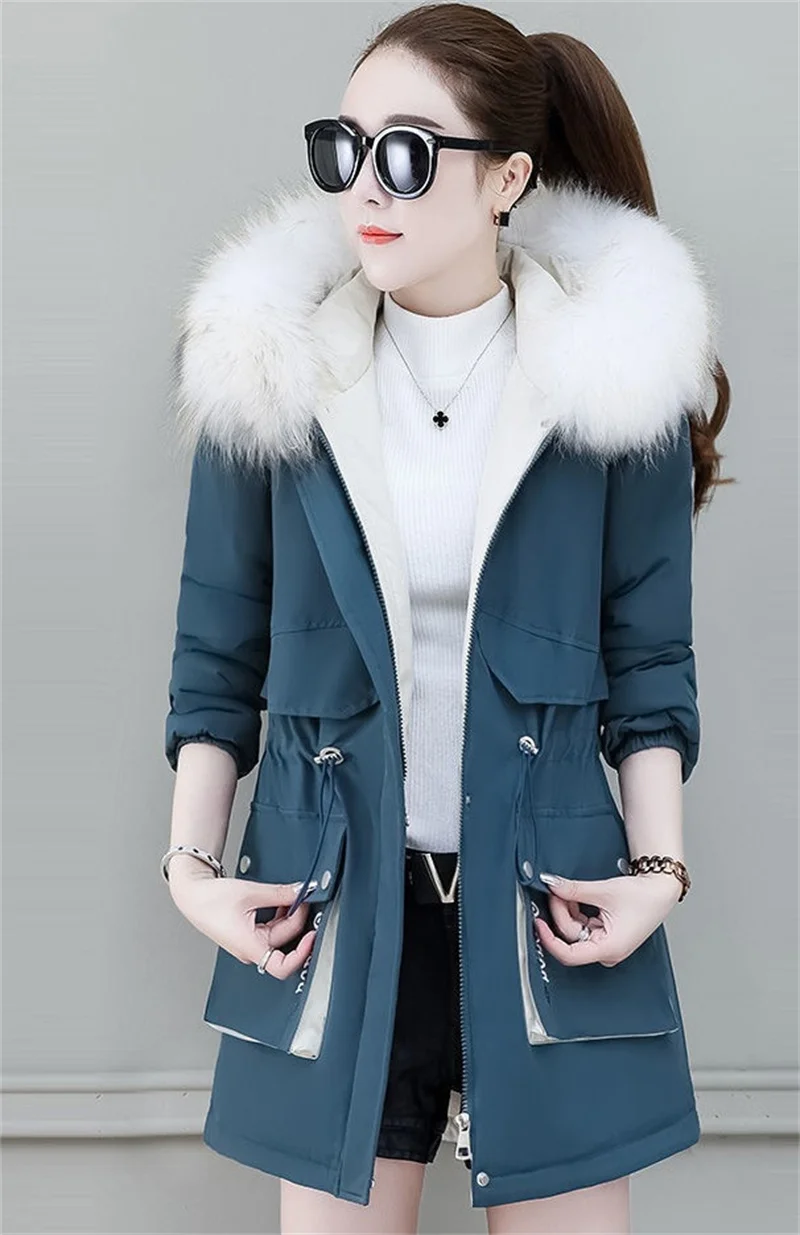 2026 New Winter Coat Women Parka Fashion Long Coats Hoodie Parkas Fur Neckline Warm Chiffon Apron Student Jacket Outerwear