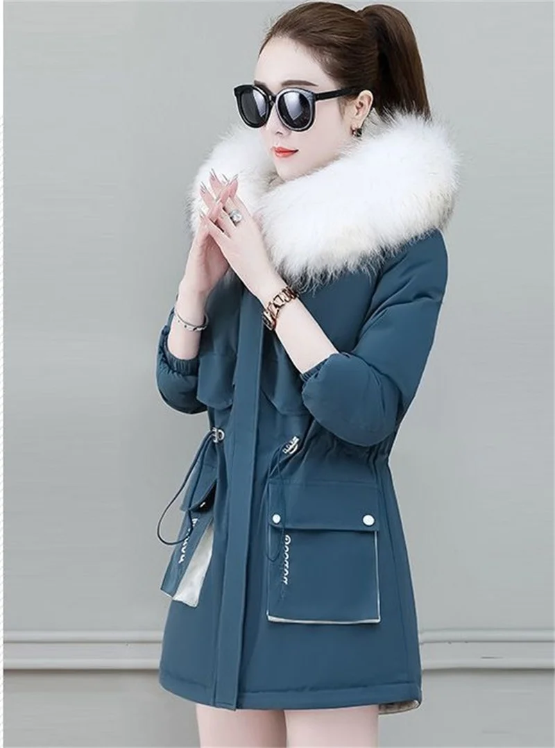 2026 New Winter Coat Women Parka Fashion Long Coats Hoodie Parkas Fur Neckline Warm Chiffon Apron Student Jacket Outerwear