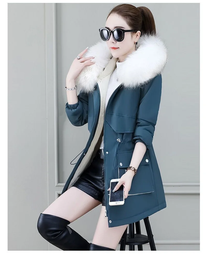 2026 New Winter Coat Women Parka Fashion Long Coats Hoodie Parkas Fur Neckline Warm Chiffon Apron Student Jacket Outerwear