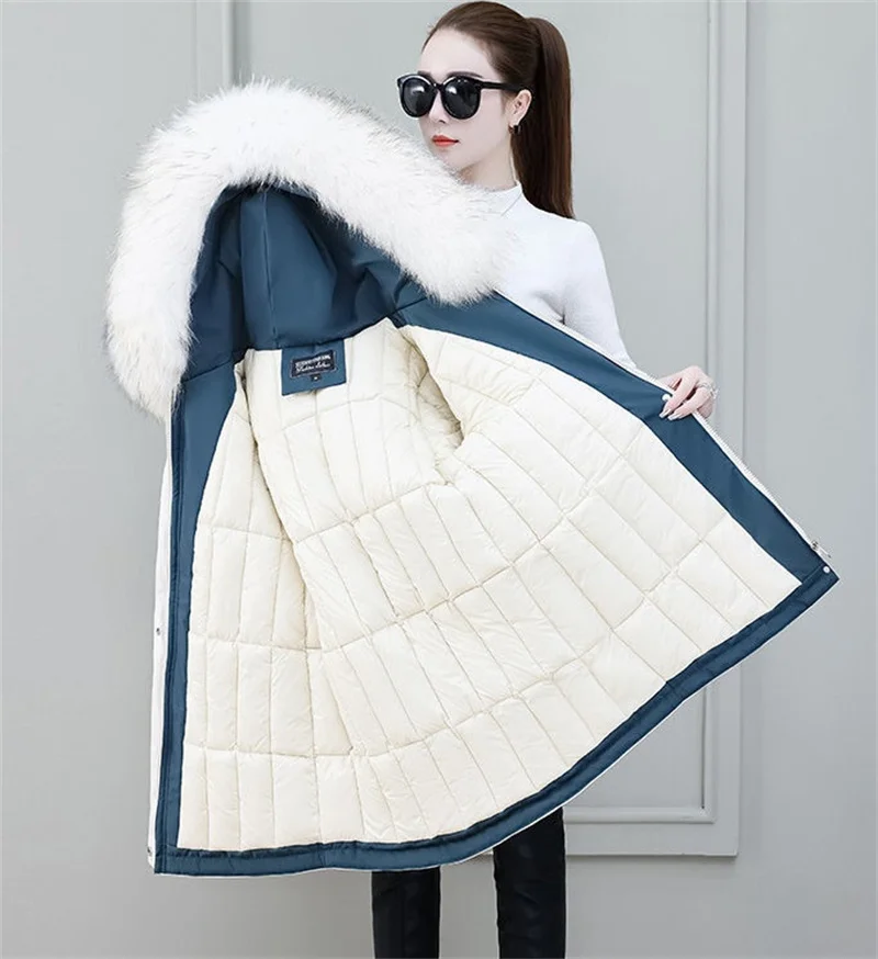 2026 New Winter Coat Women Parka Fashion Long Coats Hoodie Parkas Fur Neckline Warm Chiffon Apron Student Jacket Outerwear