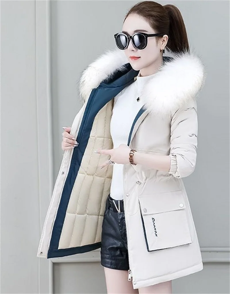 2026 New Winter Coat Women Parka Fashion Long Coats Hoodie Parkas Fur Neckline Warm Chiffon Apron Student Jacket Outerwear