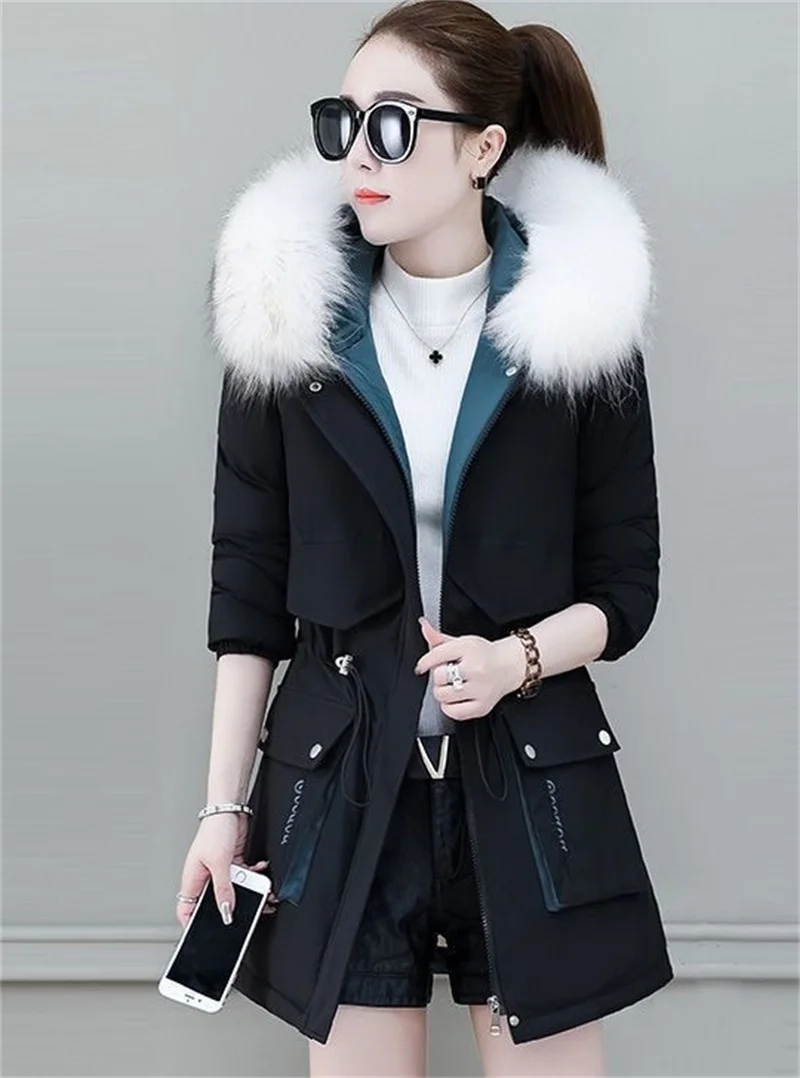 2026 New Winter Coat Women Parka Fashion Long Coats Hoodie Parkas Fur Neckline Warm Chiffon Apron Student Jacket Outerwear