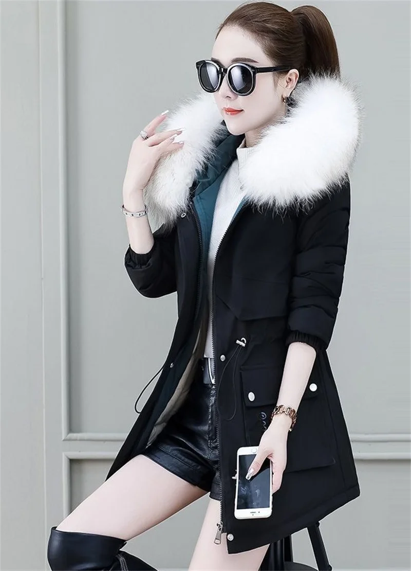 2026 New Winter Coat Women Parka Fashion Long Coats Hoodie Parkas Fur Neckline Warm Chiffon Apron Student Jacket Outerwear