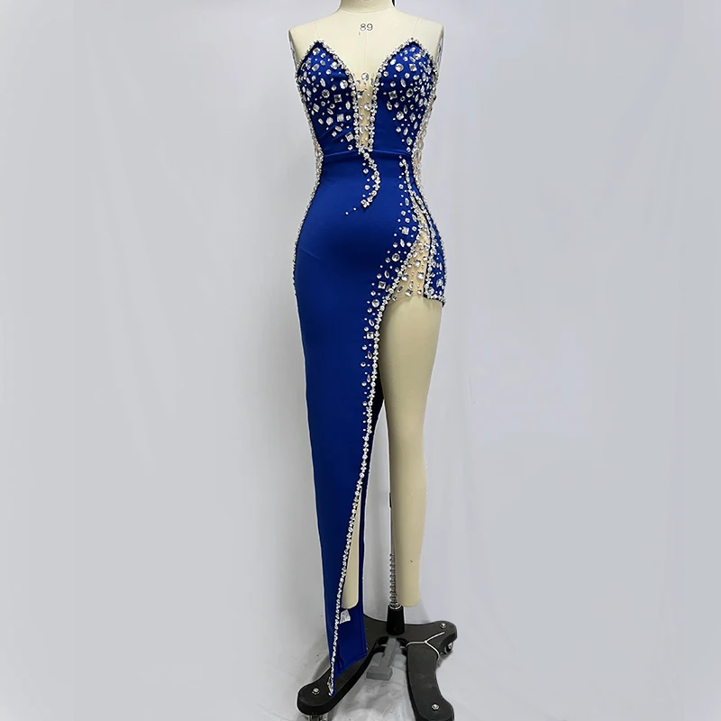 Factory Wholesale Women's Black Blue Strapless Beaded High-end Sexy Boutique Celebrity Cocktail Party Bandage Long Dress