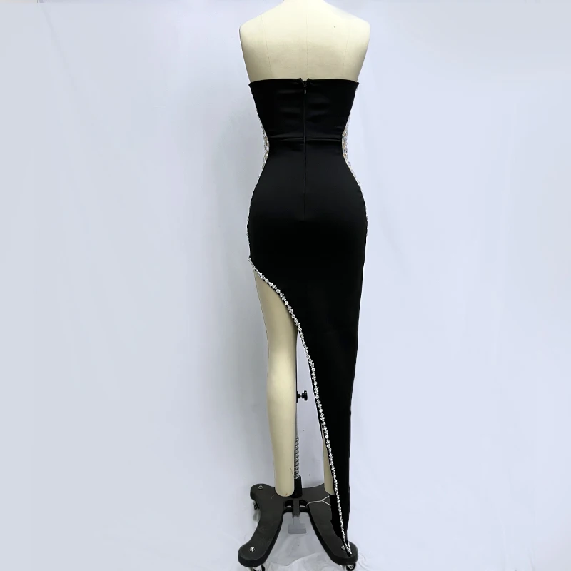 Factory Wholesale Women's Black Blue Strapless Beaded High-end Sexy Boutique Celebrity Cocktail Party Bandage Long Dress