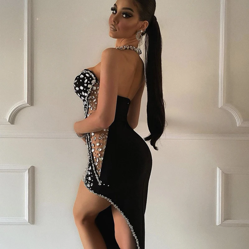 Factory Wholesale Women's Black Blue Strapless Beaded High-end Sexy Boutique Celebrity Cocktail Party Bandage Long Dress