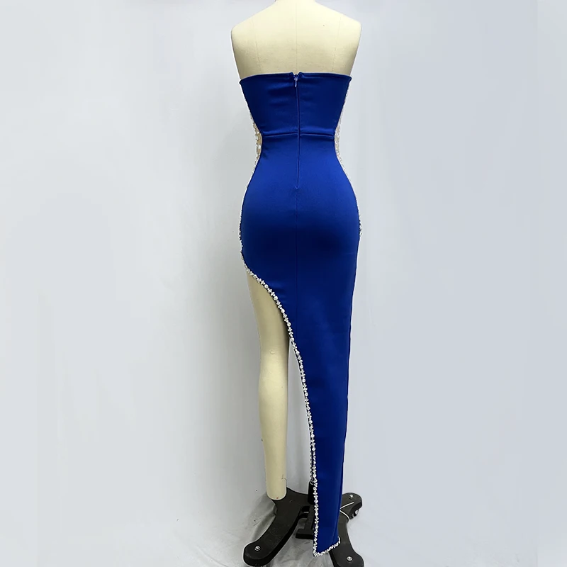 Factory Wholesale Women's Black Blue Strapless Beaded High-end Sexy Boutique Celebrity Cocktail Party Bandage Long Dress