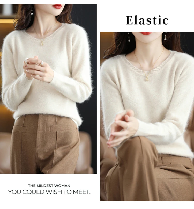 Autumn and Winter New Women's Sweater 100% Mink Cashmere Women's O-Neck Pullover Casual Knitting Basic Fashion Oversize Top