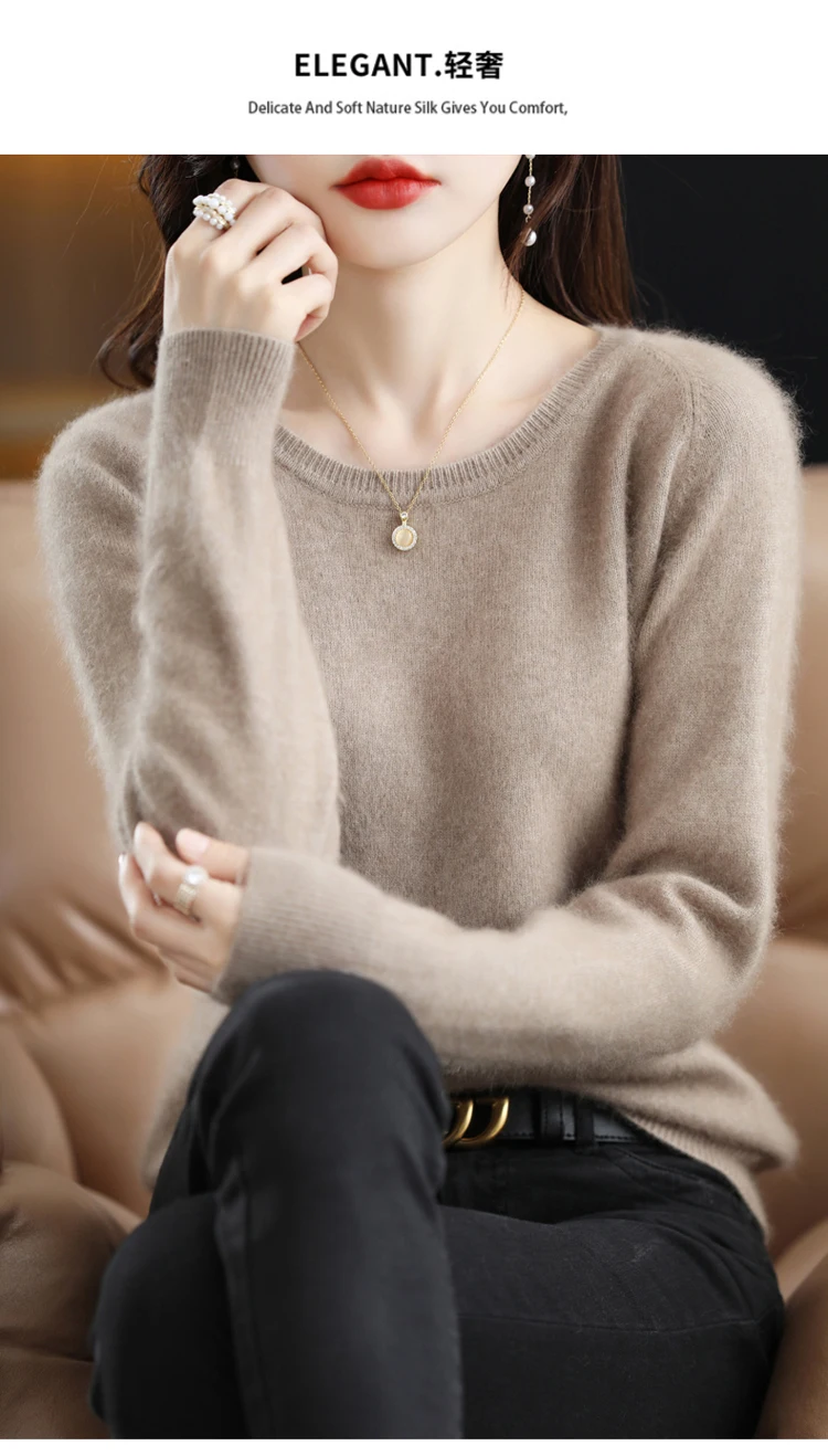 Autumn and Winter New Women's Sweater 100% Mink Cashmere Women's O-Neck Pullover Casual Knitting Basic Fashion Oversize Top