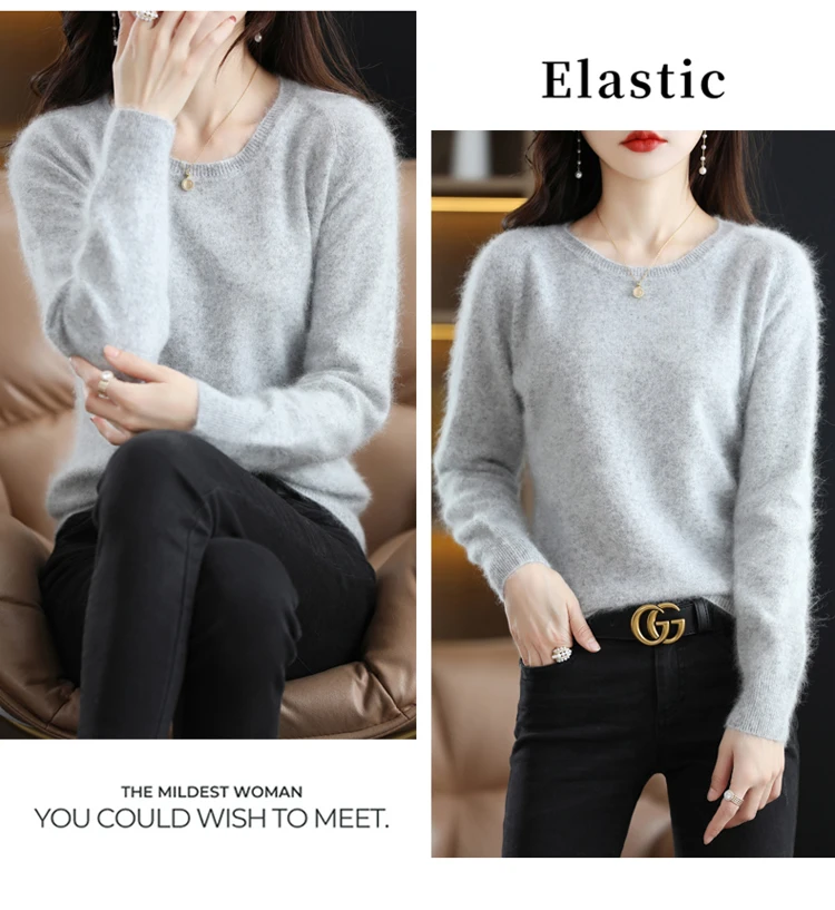 Autumn and Winter New Women's Sweater 100% Mink Cashmere Women's O-Neck Pullover Casual Knitting Basic Fashion Oversize Top