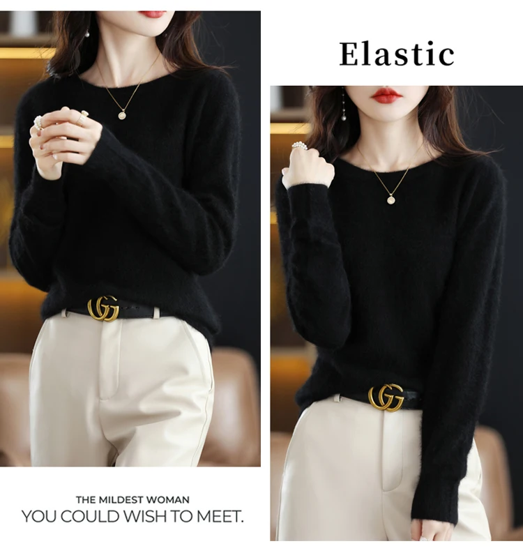 Autumn and Winter New Women's Sweater 100% Mink Cashmere Women's O-Neck Pullover Casual Knitting Basic Fashion Oversize Top