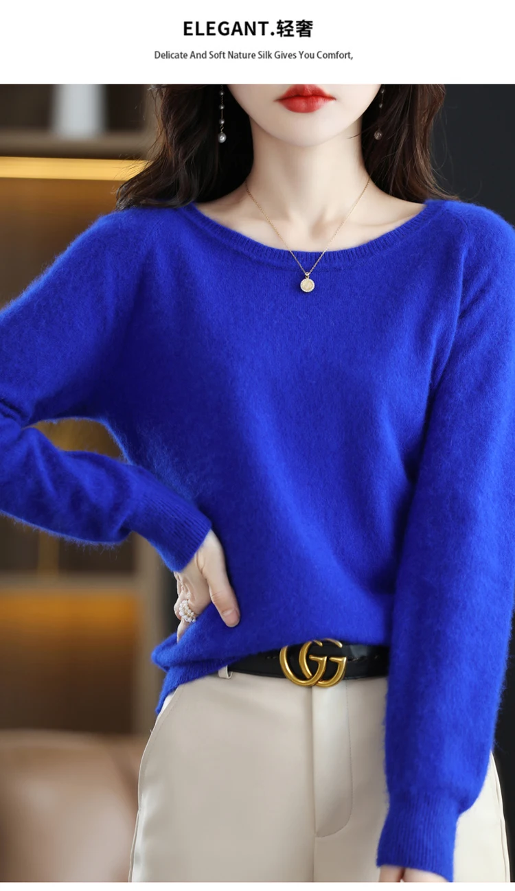 Autumn and Winter New Women's Sweater 100% Mink Cashmere Women's O-Neck Pullover Casual Knitting Basic Fashion Oversize Top
