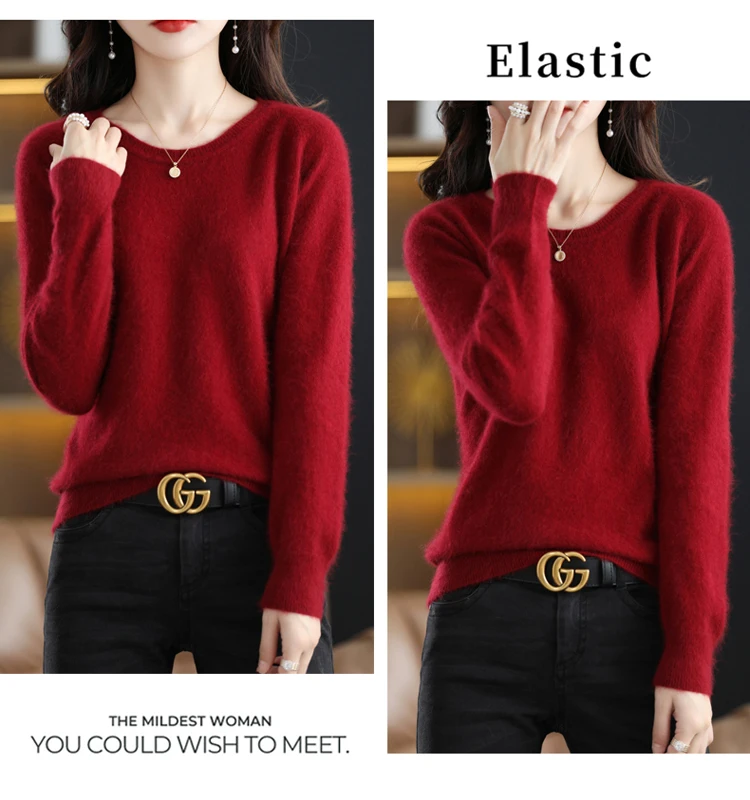 Autumn and Winter New Women's Sweater 100% Mink Cashmere Women's O-Neck Pullover Casual Knitting Basic Fashion Oversize Top