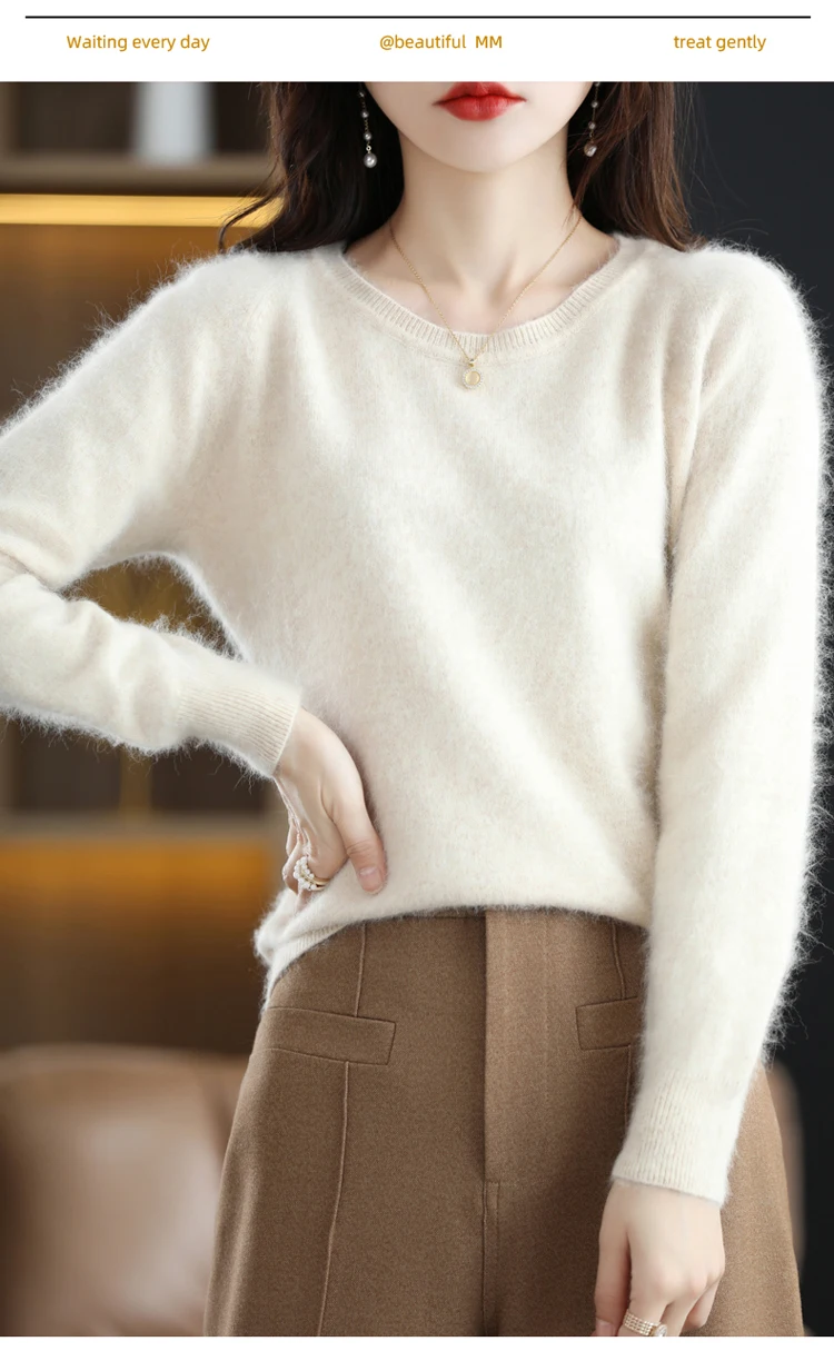 Autumn and Winter New Women's Sweater 100% Mink Cashmere Women's O-Neck Pullover Casual Knitting Basic Fashion Oversize Top