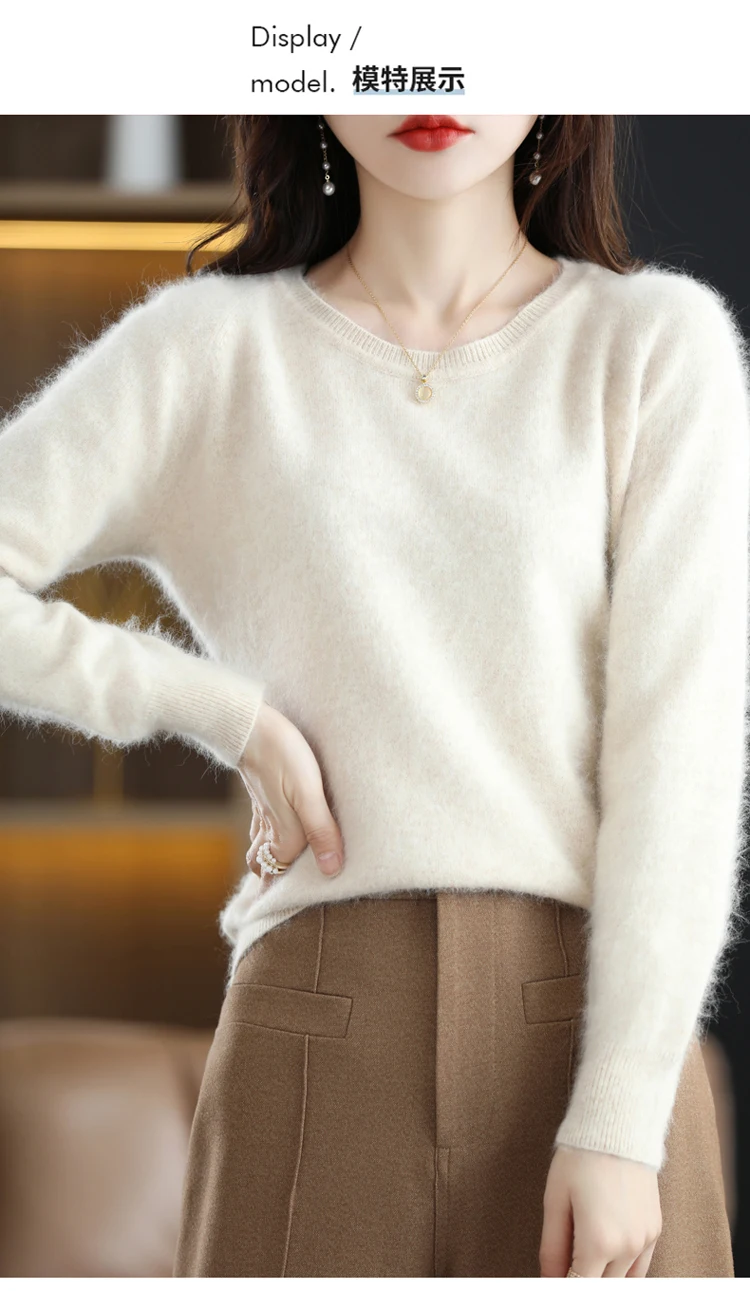 Autumn and Winter New Women's Sweater 100% Mink Cashmere Women's O-Neck Pullover Casual Knitting Basic Fashion Oversize Top