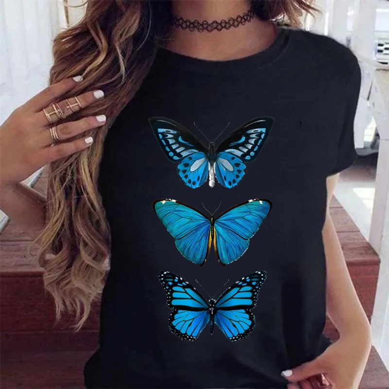 Woman Butterfly Tree Print Harajuku Summer Tshirts Casual Round Neck Short Slee Top Tee Shirt Women Black T-shirt Drop Ship