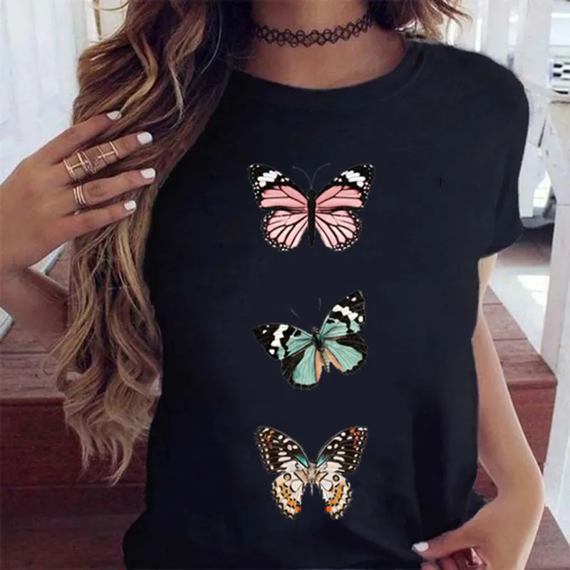 Woman Butterfly Tree Print Harajuku Summer Tshirts Casual Round Neck Short Slee Top Tee Shirt Women Black T-shirt Drop Ship
