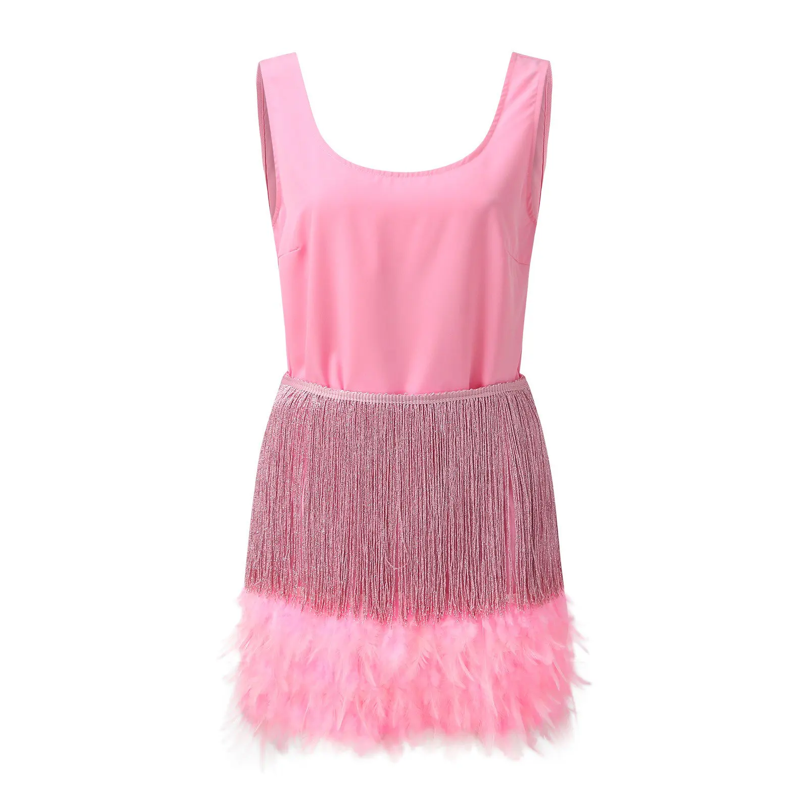 2 Pieces Set 1920s Womens Ostrich Feather Dress Women Club Party Pink Fringe Mini Skrit And Top