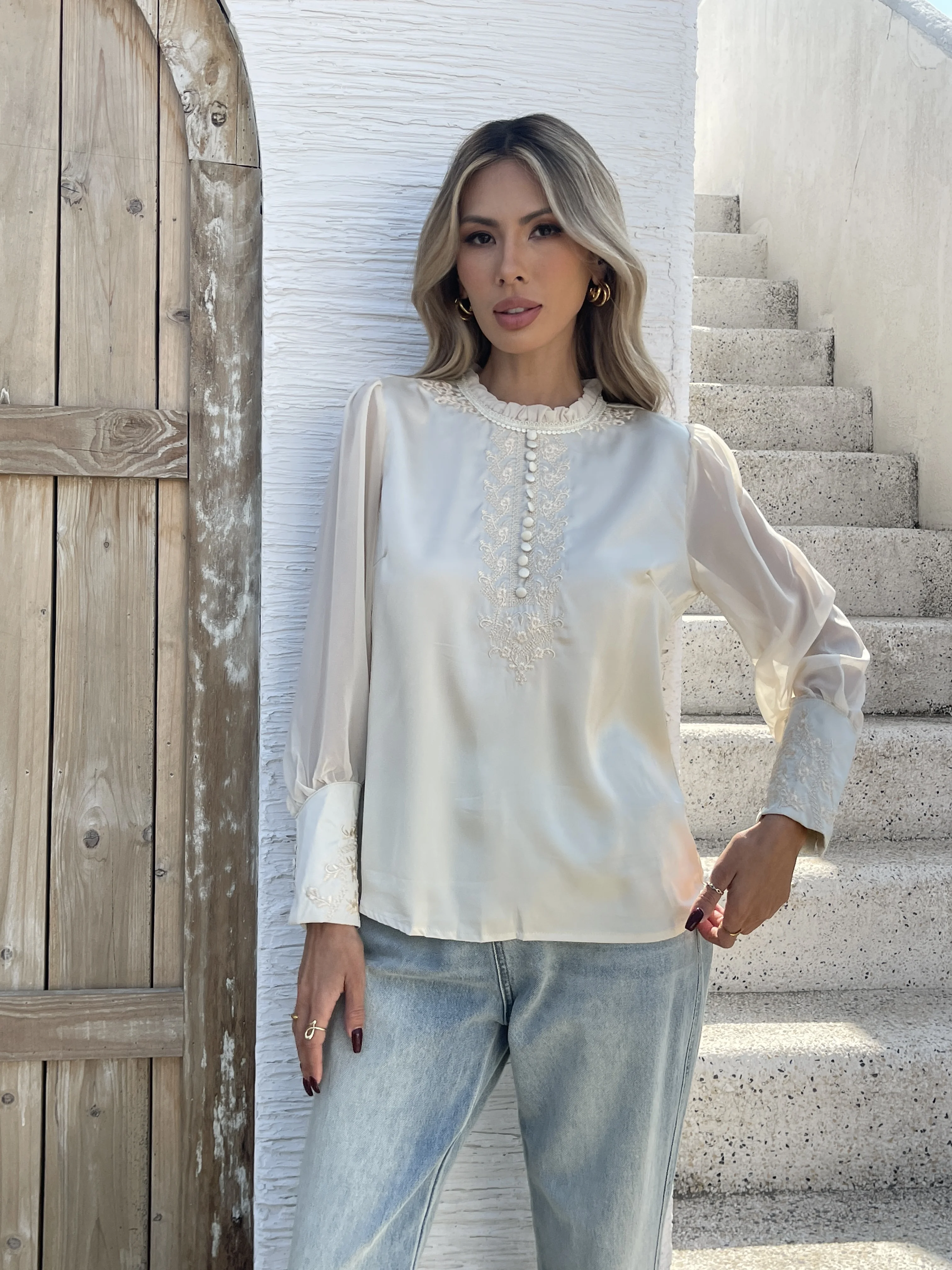 Stylish patchwork chiffon sleeve shirts New elegant Women's Blouse Fashion Luxury embroidery shirts Tops blusa mujer