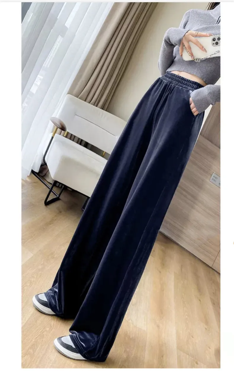 Fashion Women Velvet Pant High Waist Streetwear Loose Casual Long Maxi Straight Leg Velour Trousers Casual Pantalon Black Purple