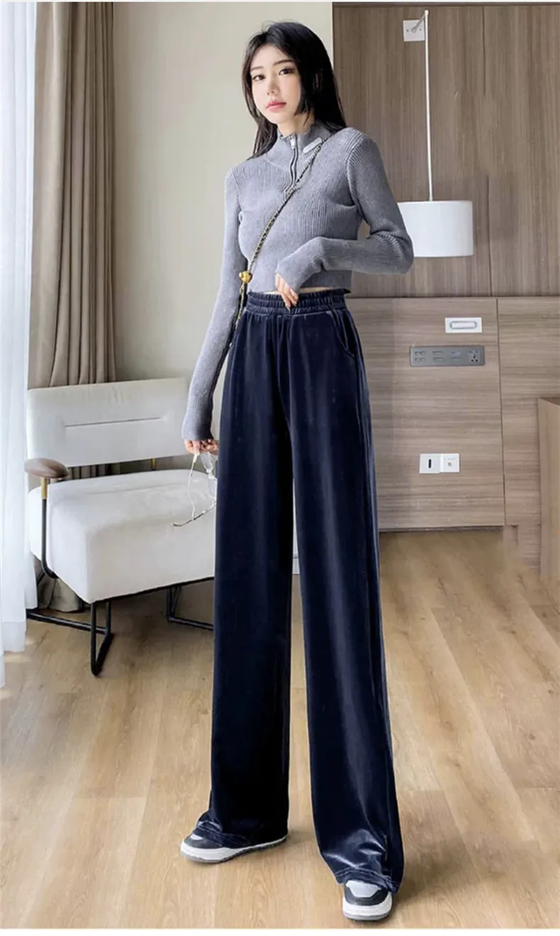 Fashion Women Velvet Pant High Waist Streetwear Loose Casual Long Maxi Straight Leg Velour Trousers Casual Pantalon Black Purple