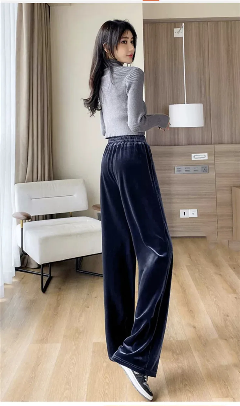 Fashion Women Velvet Pant High Waist Streetwear Loose Casual Long Maxi Straight Leg Velour Trousers Casual Pantalon Black Purple