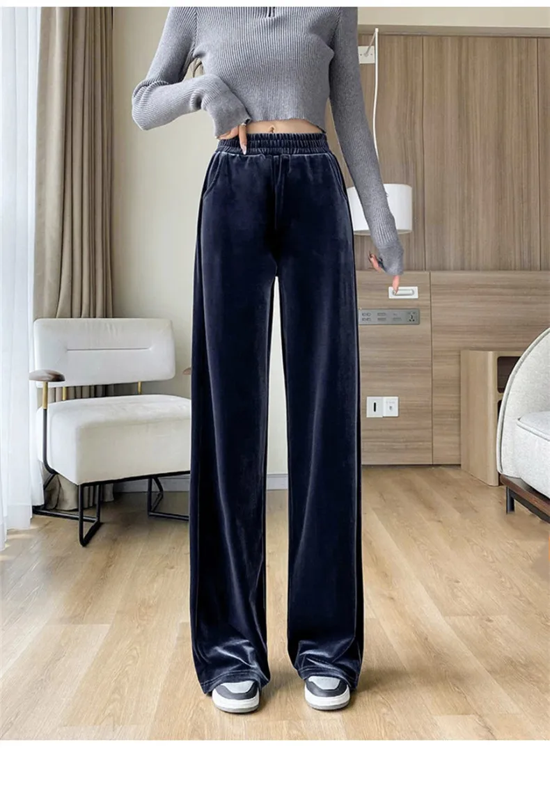 Fashion Women Velvet Pant High Waist Streetwear Loose Casual Long Maxi Straight Leg Velour Trousers Casual Pantalon Black Purple