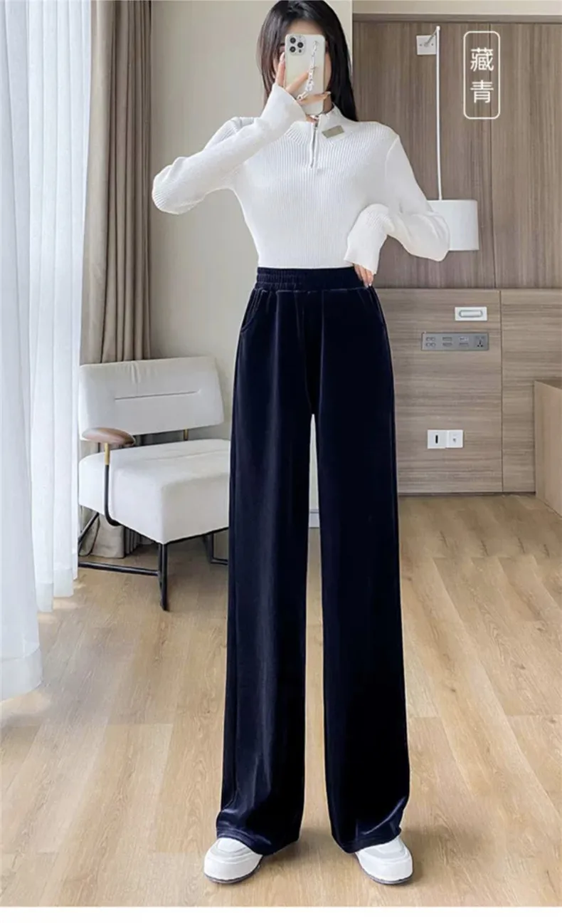 Fashion Women Velvet Pant High Waist Streetwear Loose Casual Long Maxi Straight Leg Velour Trousers Casual Pantalon Black Purple