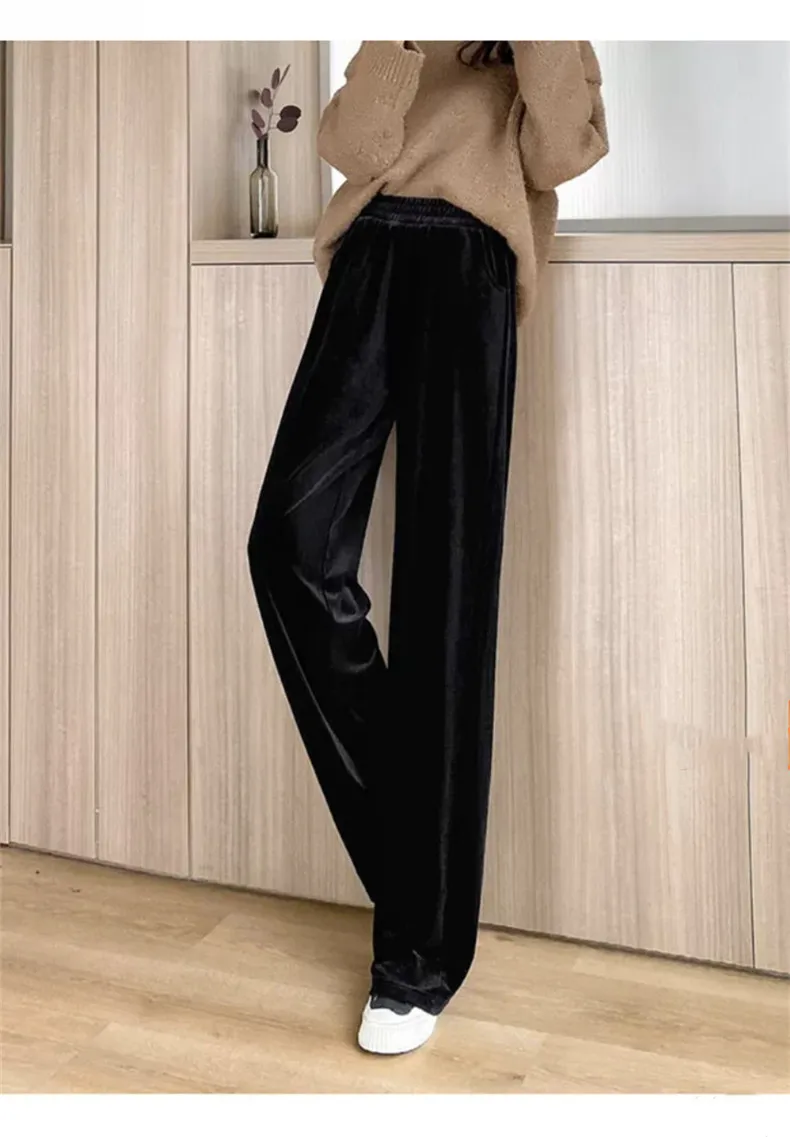 Fashion Women Velvet Pant High Waist Streetwear Loose Casual Long Maxi Straight Leg Velour Trousers Casual Pantalon Black Purple