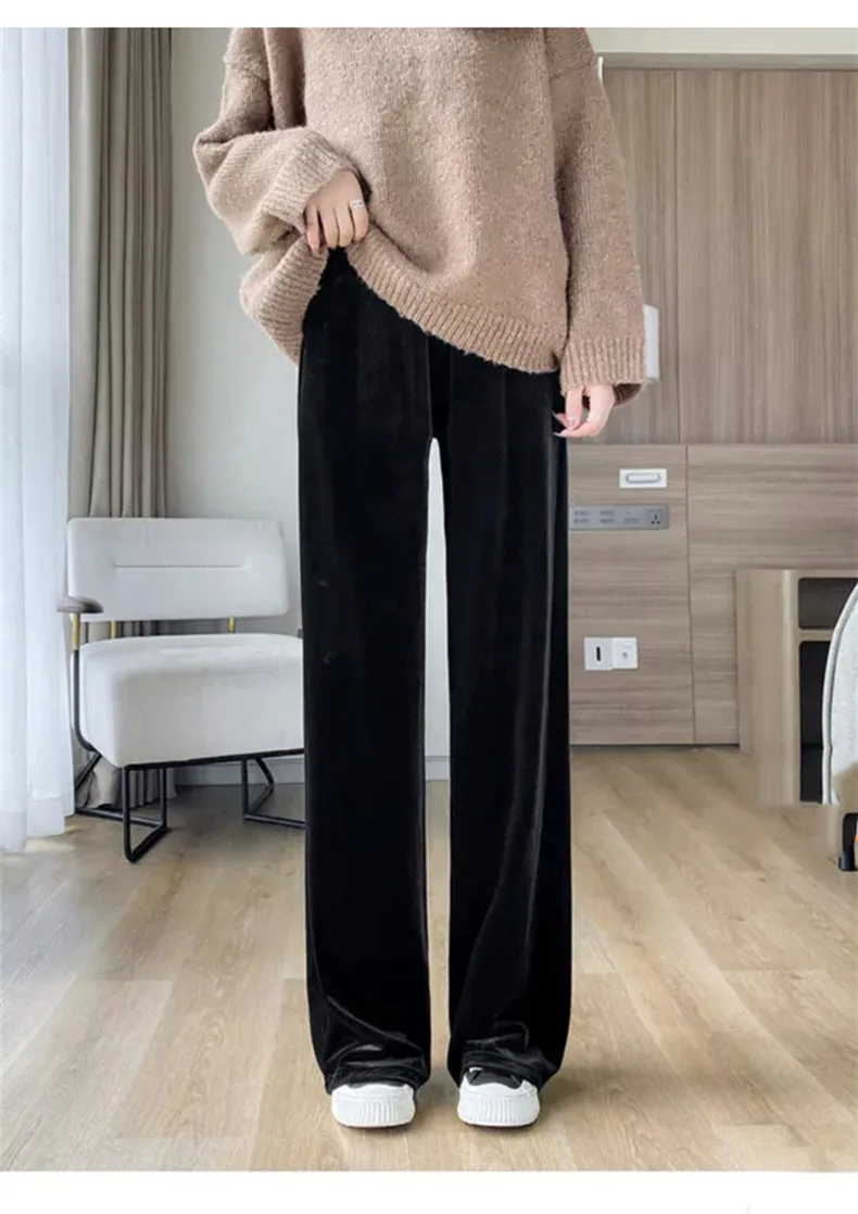Fashion Women Velvet Pant High Waist Streetwear Loose Casual Long Maxi Straight Leg Velour Trousers Casual Pantalon Black Purple
