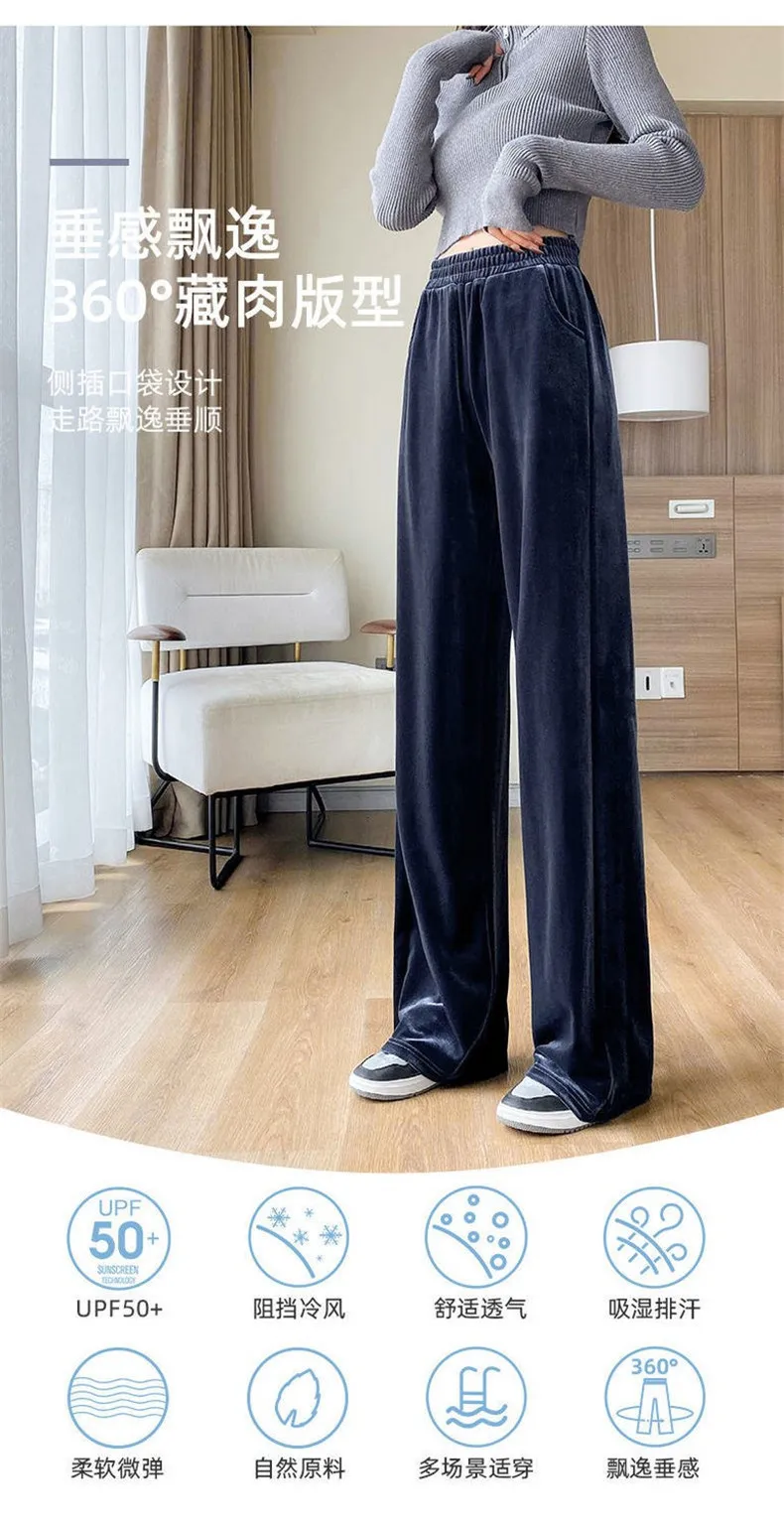 Fashion Women Velvet Pant High Waist Streetwear Loose Casual Long Maxi Straight Leg Velour Trousers Casual Pantalon Black Purple