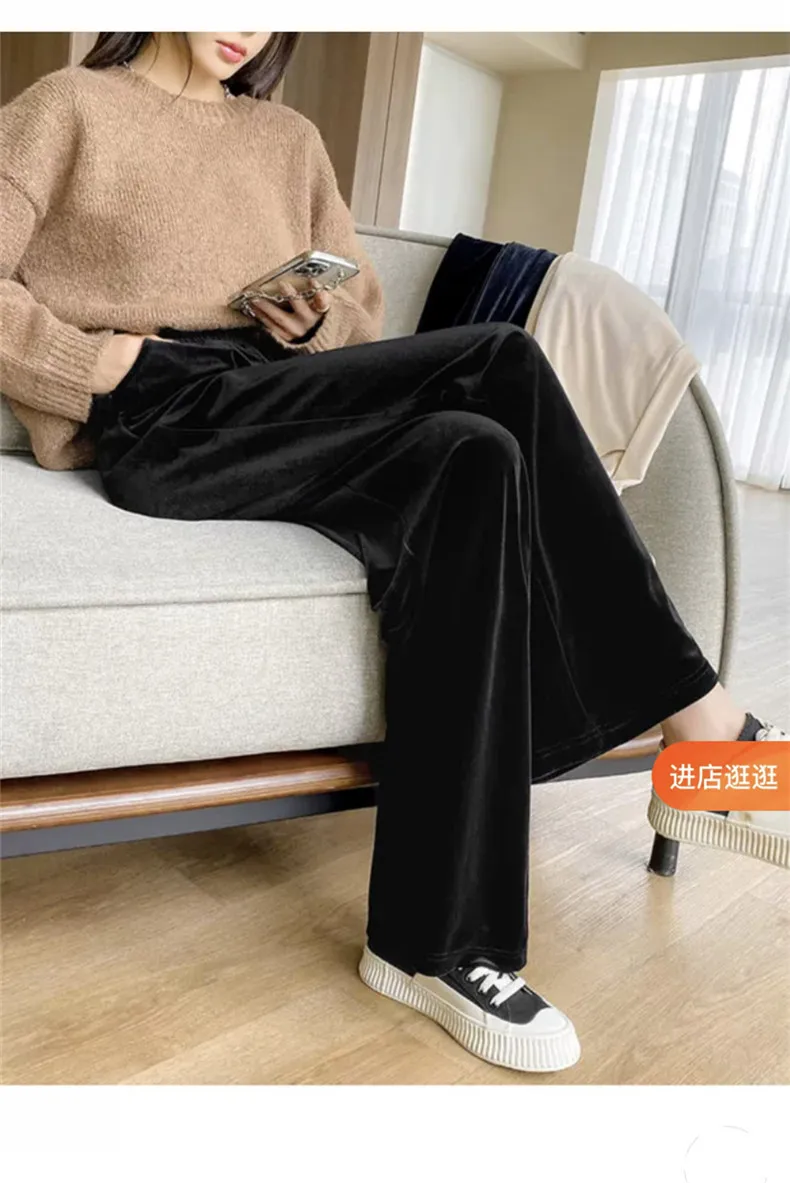 Fashion Women Velvet Pant High Waist Streetwear Loose Casual Long Maxi Straight Leg Velour Trousers Casual Pantalon Black Purple