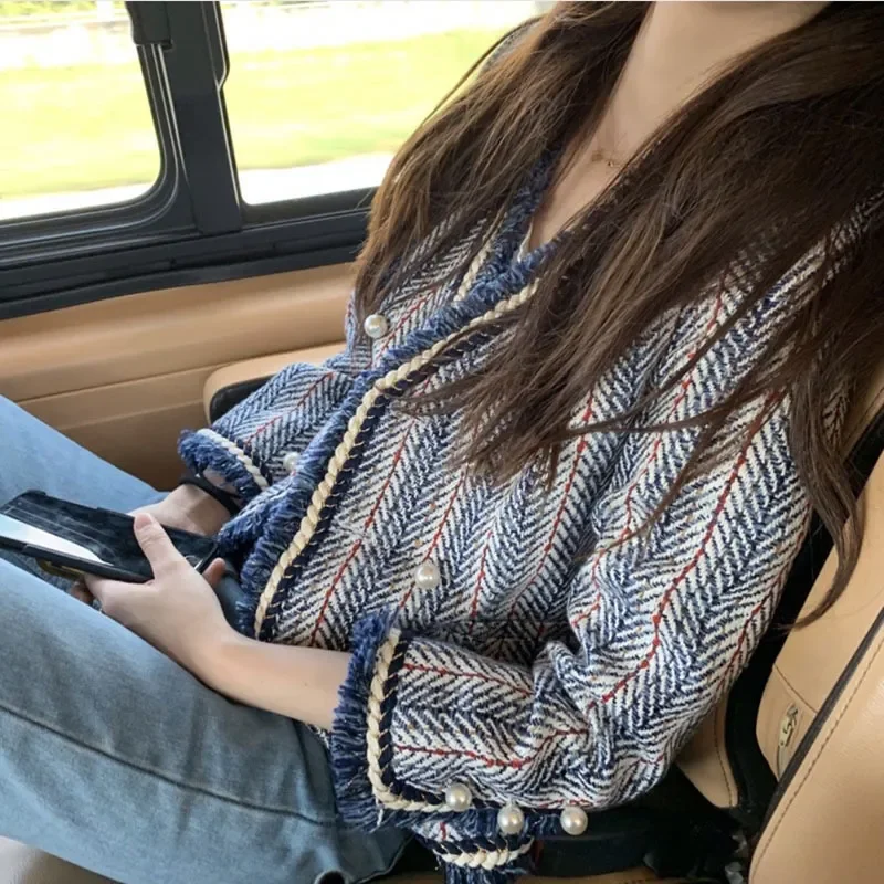 CJFHJE New Tweed Suit Jacket Woman Autumn Pocket Button Elegant Streetwear Crop Office Ladies Korean Business Coat Winter Chic