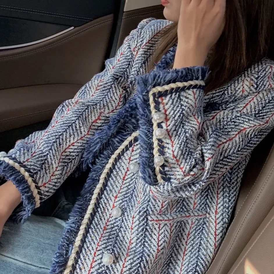 CJFHJE New Tweed Suit Jacket Woman Autumn Pocket Button Elegant Streetwear Crop Office Ladies Korean Business Coat Winter Chic