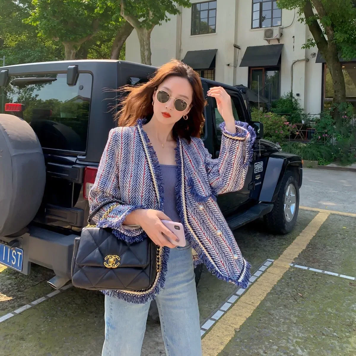 CJFHJE New Tweed Suit Jacket Woman Autumn Pocket Button Elegant Streetwear Crop Office Ladies Korean Business Coat Winter Chic