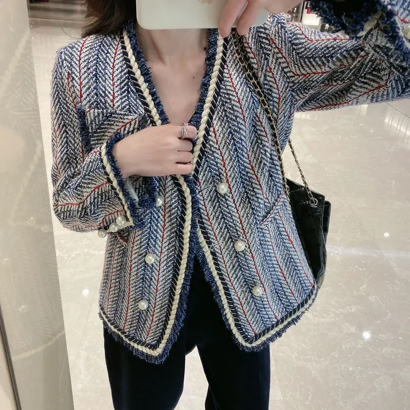 CJFHJE New Tweed Suit Jacket Woman Autumn Pocket Button Elegant Streetwear Crop Office Ladies Korean Business Coat Winter Chic