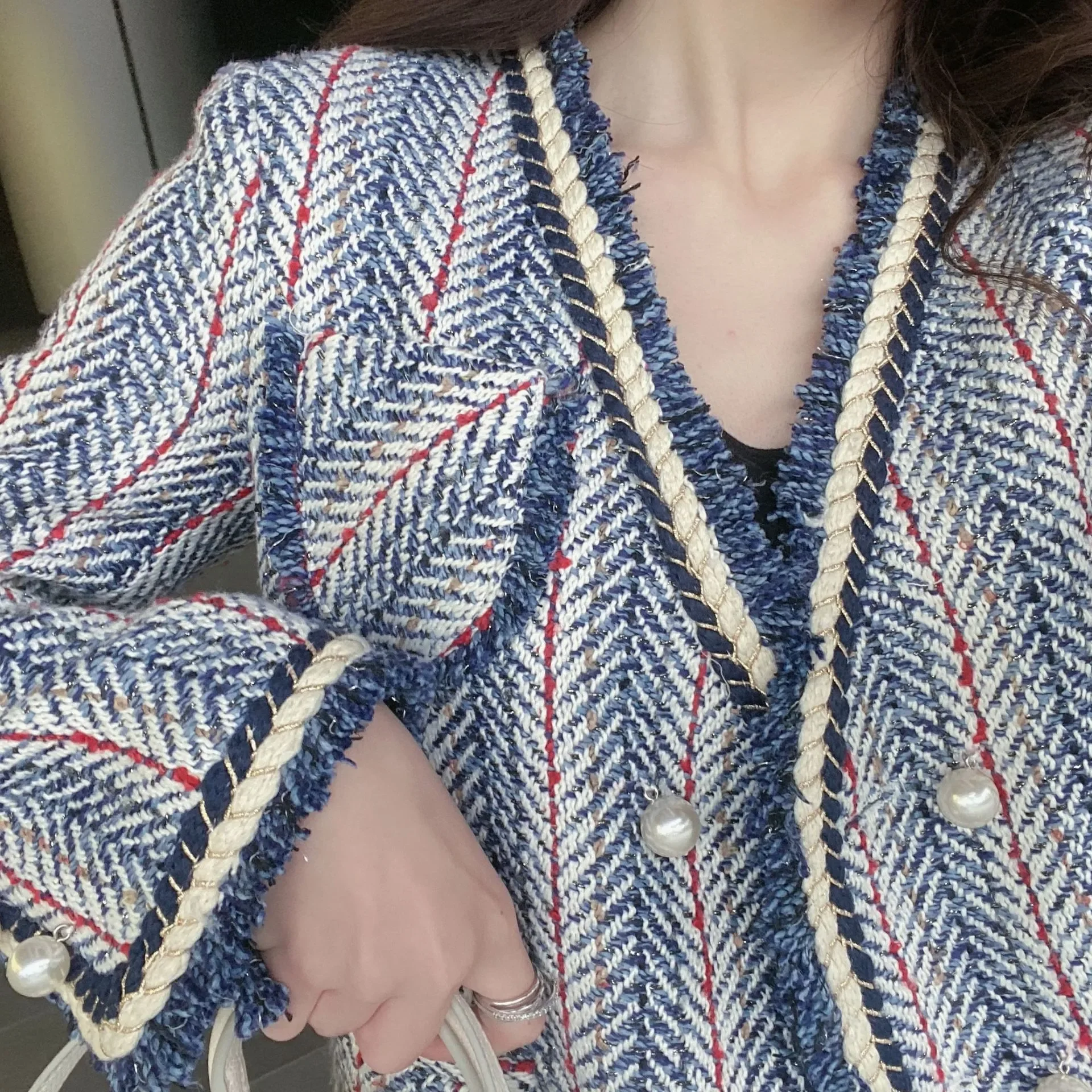CJFHJE New Tweed Suit Jacket Woman Autumn Pocket Button Elegant Streetwear Crop Office Ladies Korean Business Coat Winter Chic