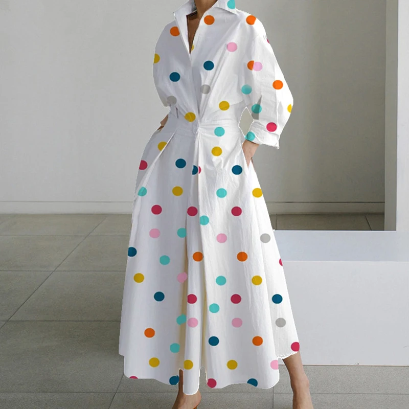 Autumn Maxi Dresses For Women Fashion Turn Down Collar Long Sleeve Party Dress Women Casual Long Dress 2023