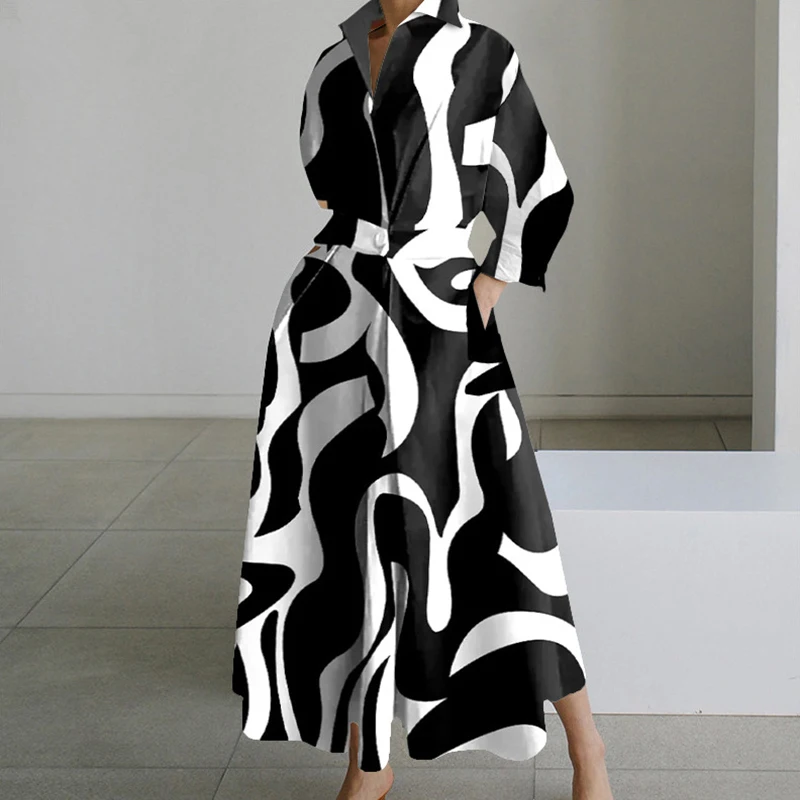 Autumn Maxi Dresses For Women Fashion Turn Down Collar Long Sleeve Party Dress Women Casual Long Dress 2023