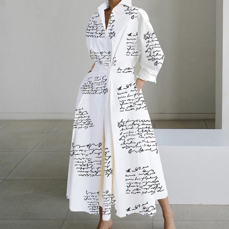 Autumn Maxi Dresses For Women Fashion Turn Down Collar Long Sleeve Party Dress Women Casual Long Dress 2023