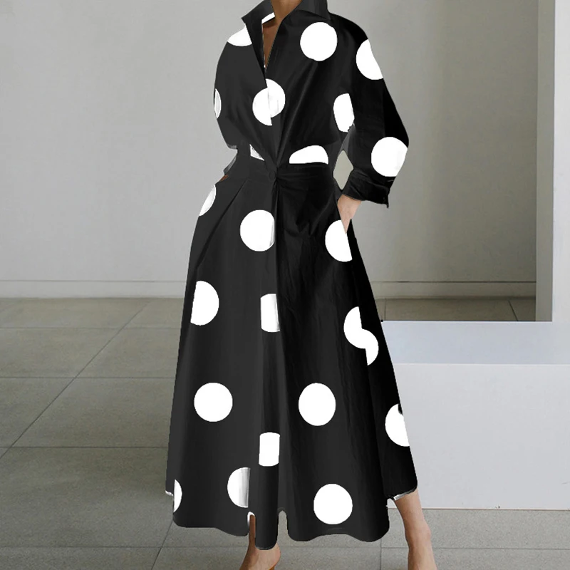 Autumn Maxi Dresses For Women Fashion Turn Down Collar Long Sleeve Party Dress Women Casual Long Dress 2023