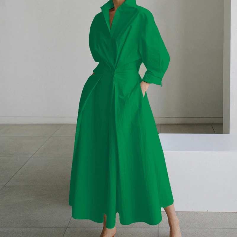 Autumn Maxi Dresses For Women Fashion Turn Down Collar Long Sleeve Party Dress Women Casual Long Dress 2023