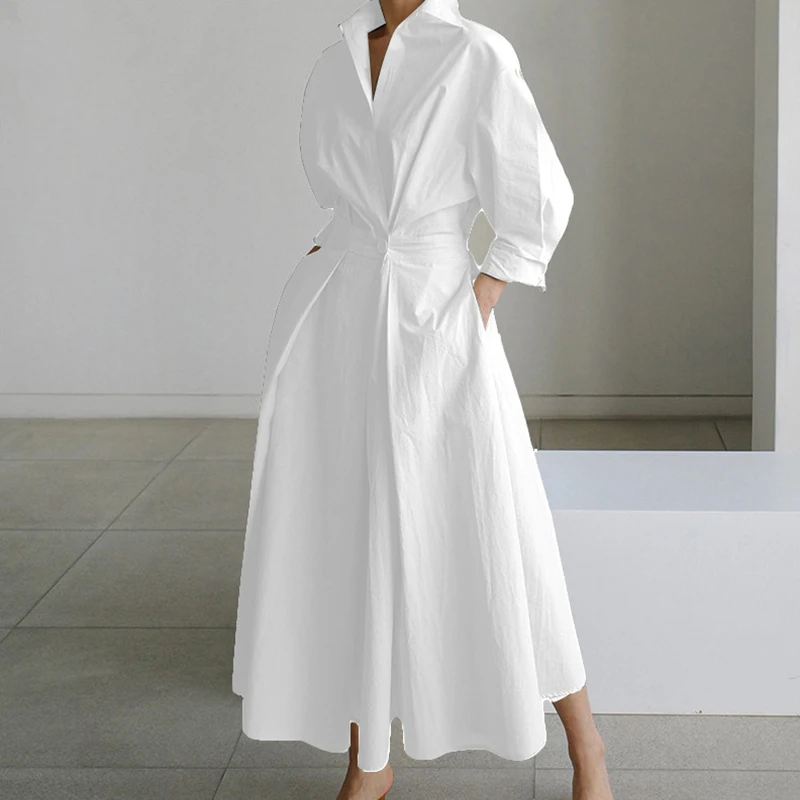 Autumn Maxi Dresses For Women Fashion Turn Down Collar Long Sleeve Party Dress Women Casual Long Dress 2023