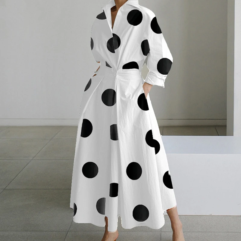 Autumn Maxi Dresses For Women Fashion Turn Down Collar Long Sleeve Party Dress Women Casual Long Dress 2023
