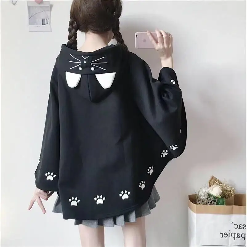 Lolita Cloak Harajuku Hoody Cloak Japanese Christmas Women Sweetshirts Fleece Cape Loose Pullover Batwing Sleeve Hoodie Coat