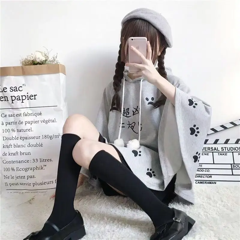 Lolita Cloak Harajuku Hoody Cloak Japanese Christmas Women Sweetshirts Fleece Cape Loose Pullover Batwing Sleeve Hoodie Coat
