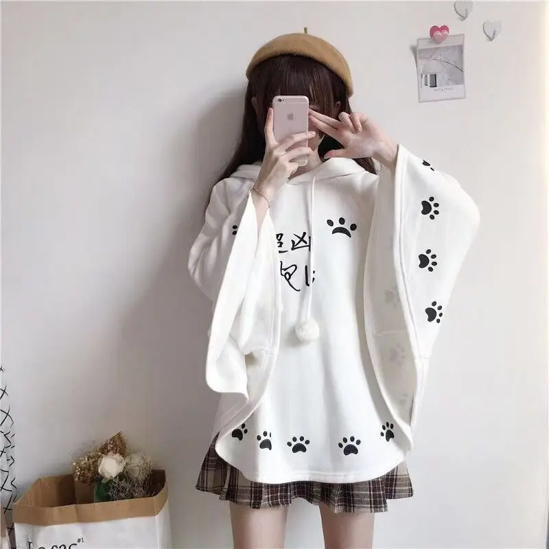 Lolita Cloak Harajuku Hoody Cloak Japanese Christmas Women Sweetshirts Fleece Cape Loose Pullover Batwing Sleeve Hoodie Coat