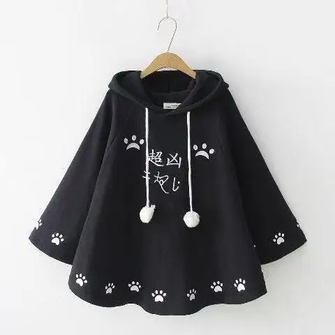 Lolita Cloak Harajuku Hoody Cloak Japanese Christmas Women Sweetshirts Fleece Cape Loose Pullover Batwing Sleeve Hoodie Coat